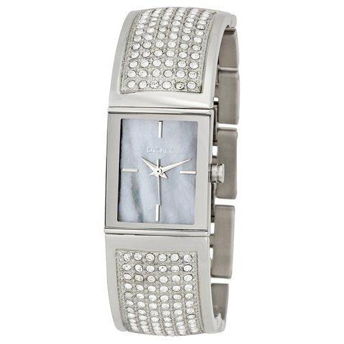 New Dkny Silver Tone Crystal Pave Gray Mop S/ Steel Cuff Bracelet Watch NY4733