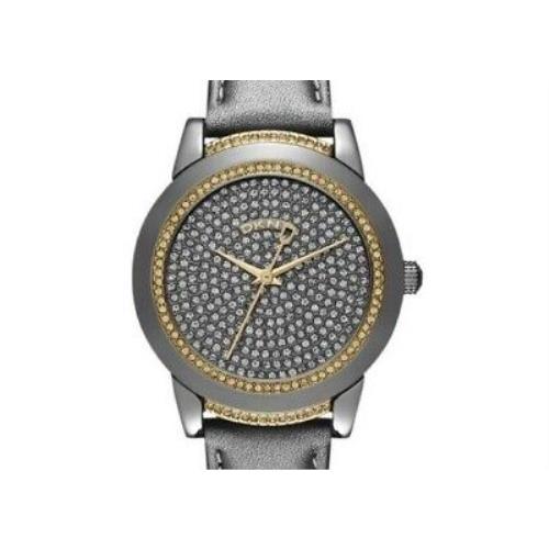 Dkny Metallic Grey Leather+gunmetal Tone Pave Gold Crystal Dial WATCH-NY8690