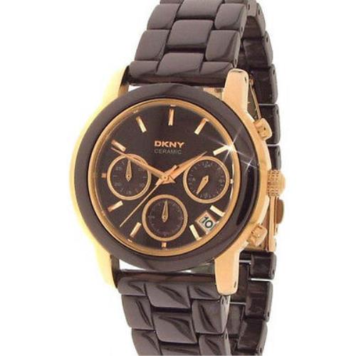 Dkny Brown Ceramic+rose Gold Tone Chronograph Bracelet Watch NY8430