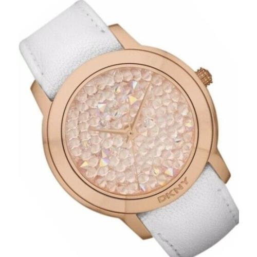 New Dkny Rose Gold Tone White Leather Band Pave Crystals Dial Watch NY8537