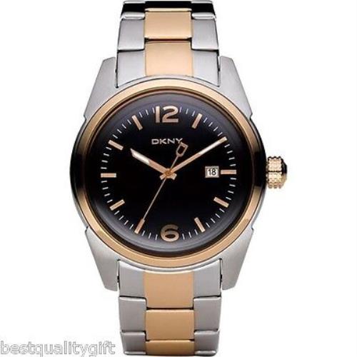 New-dkny Two 2 Tone Rose Gold+silver S/steel+black Dial+date Men`s Watch NY1448