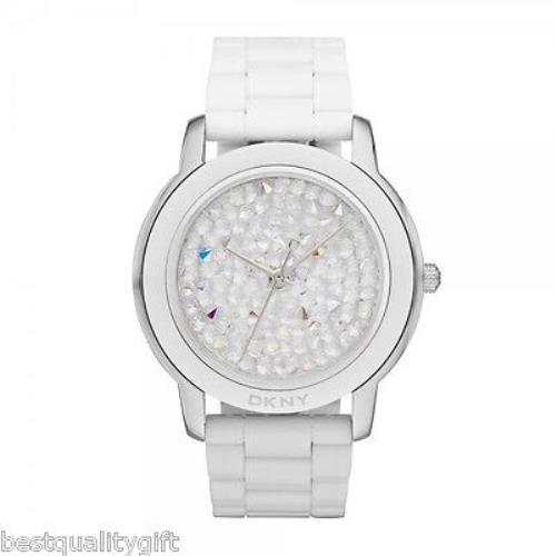 New-dkny White Acrylic Band+silver Tone Dial+pave Crystals Watch NY8606+TAG