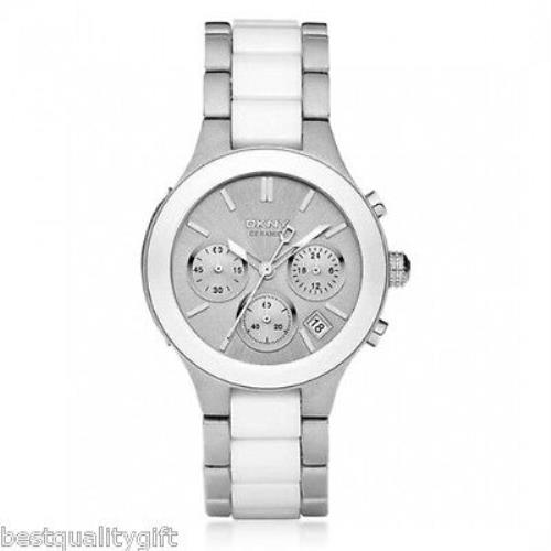 Dkny Gunmetal Tone+white Ceramic+silver Chronograph Dial+date WATCH-NY8257+BOX