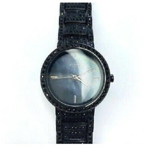 Dkny Black Tone Stainless Steel Pave Crystal Covered+mop Dial Watch NY8056+BOX