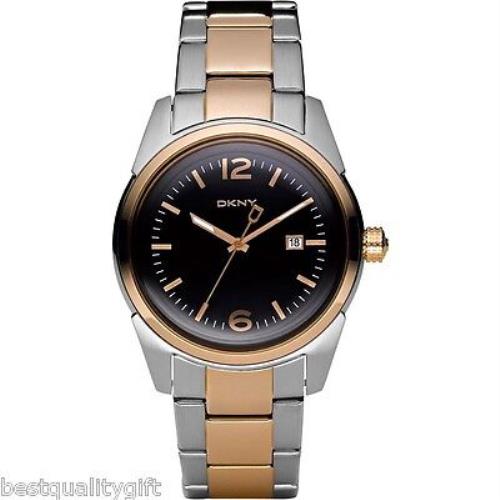 New-dkny Two 2 Tone Rose Gold+silver S/steel+black Dial+date Lady`s Watch NY4989