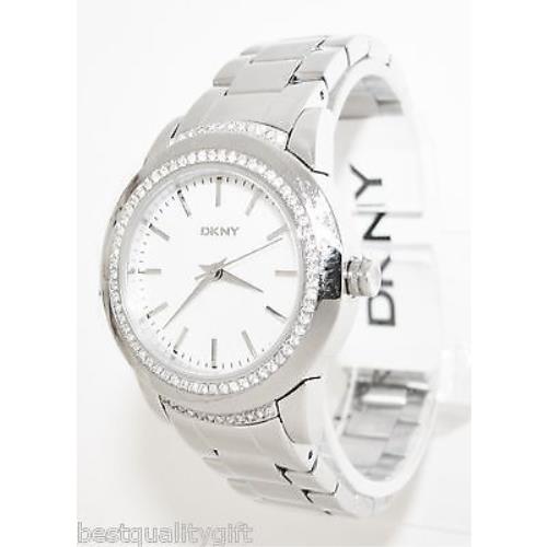 New-dkny Polished Silver Tone S/steel+mop+crystal Dial WATCH-NY8673+TAG