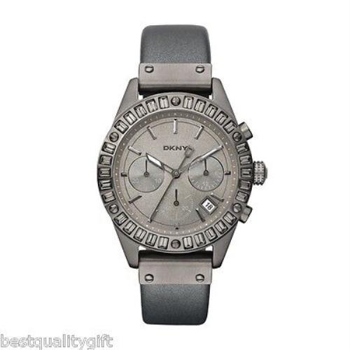 New-dkny Gunmetal Pewter Leather Band+crystal Chrono Dial+date WATCH-NY8653+BOX