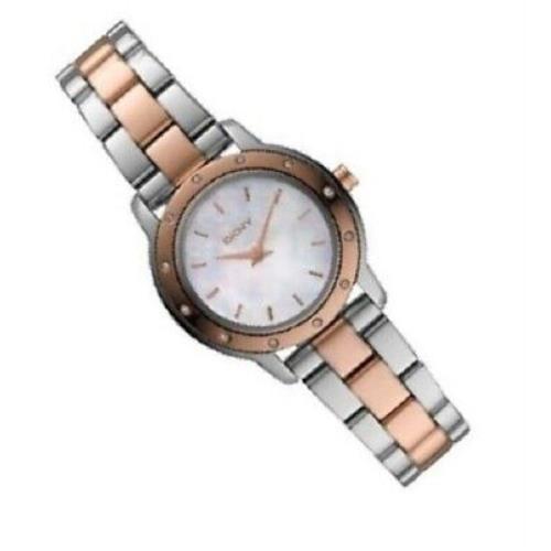 New-dkny Two 2 Tone Rose Gold+silver S/steel+mop Crystal Small Dial Watch NY8350