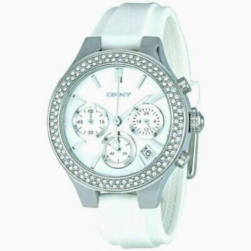 New Dkny White Silicone Silver Tone Crystals Chronograph Mop Dial Watch NY8196