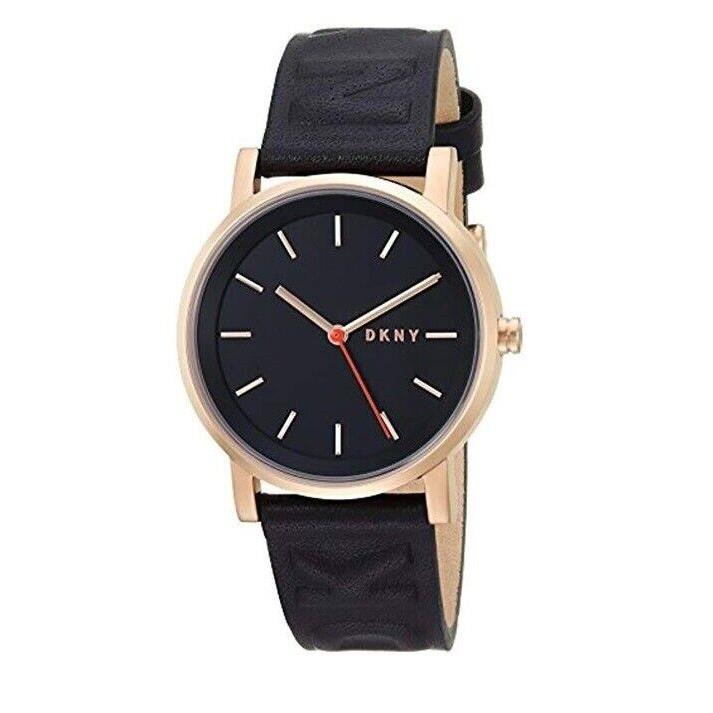 New Dkny Soho Rose Gold Tone Black Leather Band Red Accent Watch NY2605