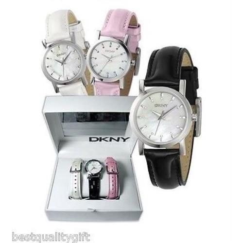 Dkny 3 PC Set White Black Pink Patent Leather+silver Mop Crystal Watch NY4854