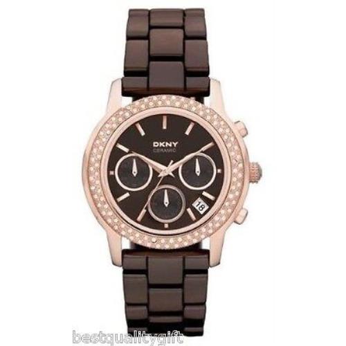 Dkny Brown Ceramic+rose Gold Tone S/steel+chrono Date Crystal WATCH-NY8534