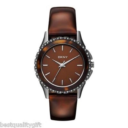 New-dkny Tortoise Shell Leather Band+gunmetal Crystal Dial WATCH-NY8705+TAG