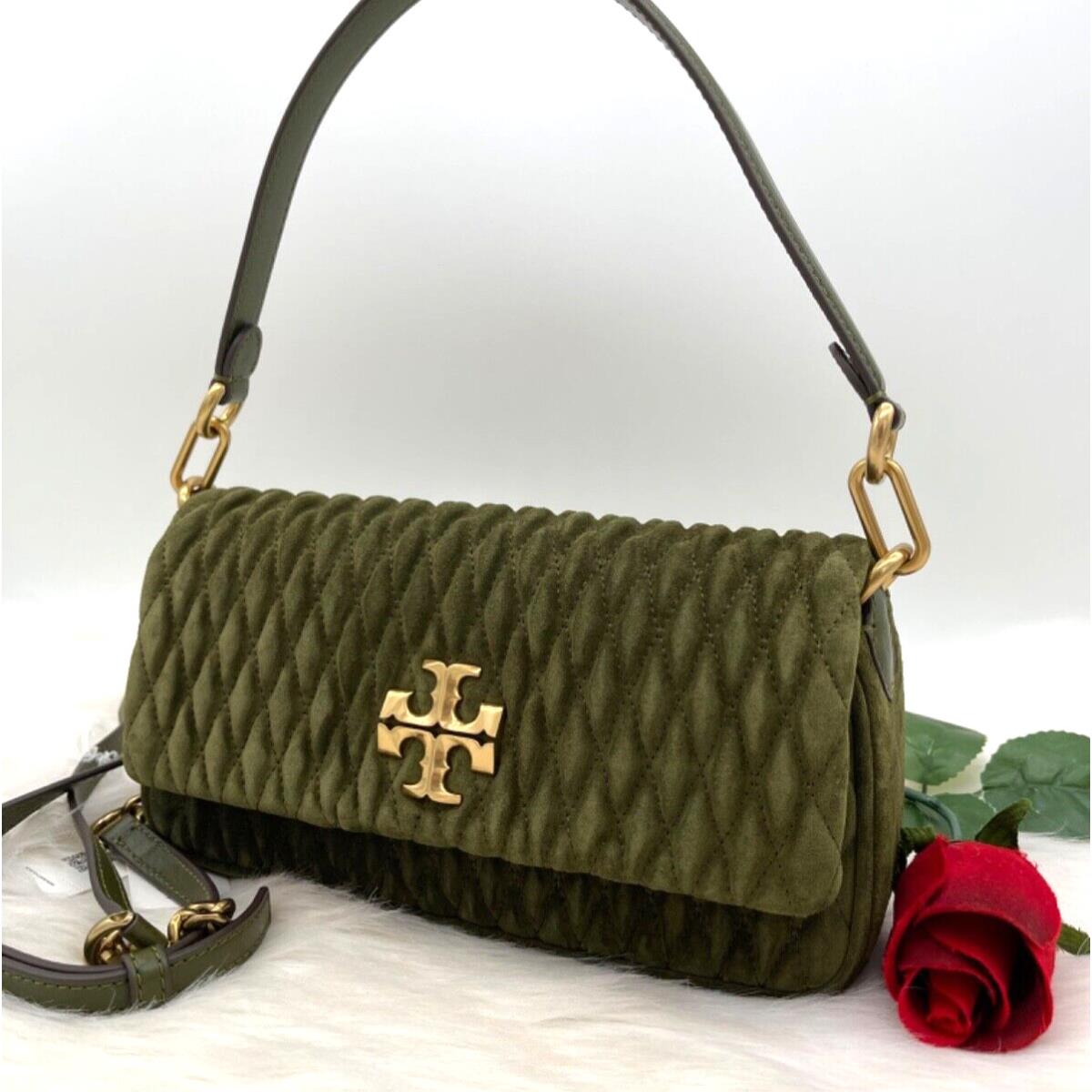 Tory Burch Kira Ruched Suede Small Flap Shoulder Bag-leccio/gold