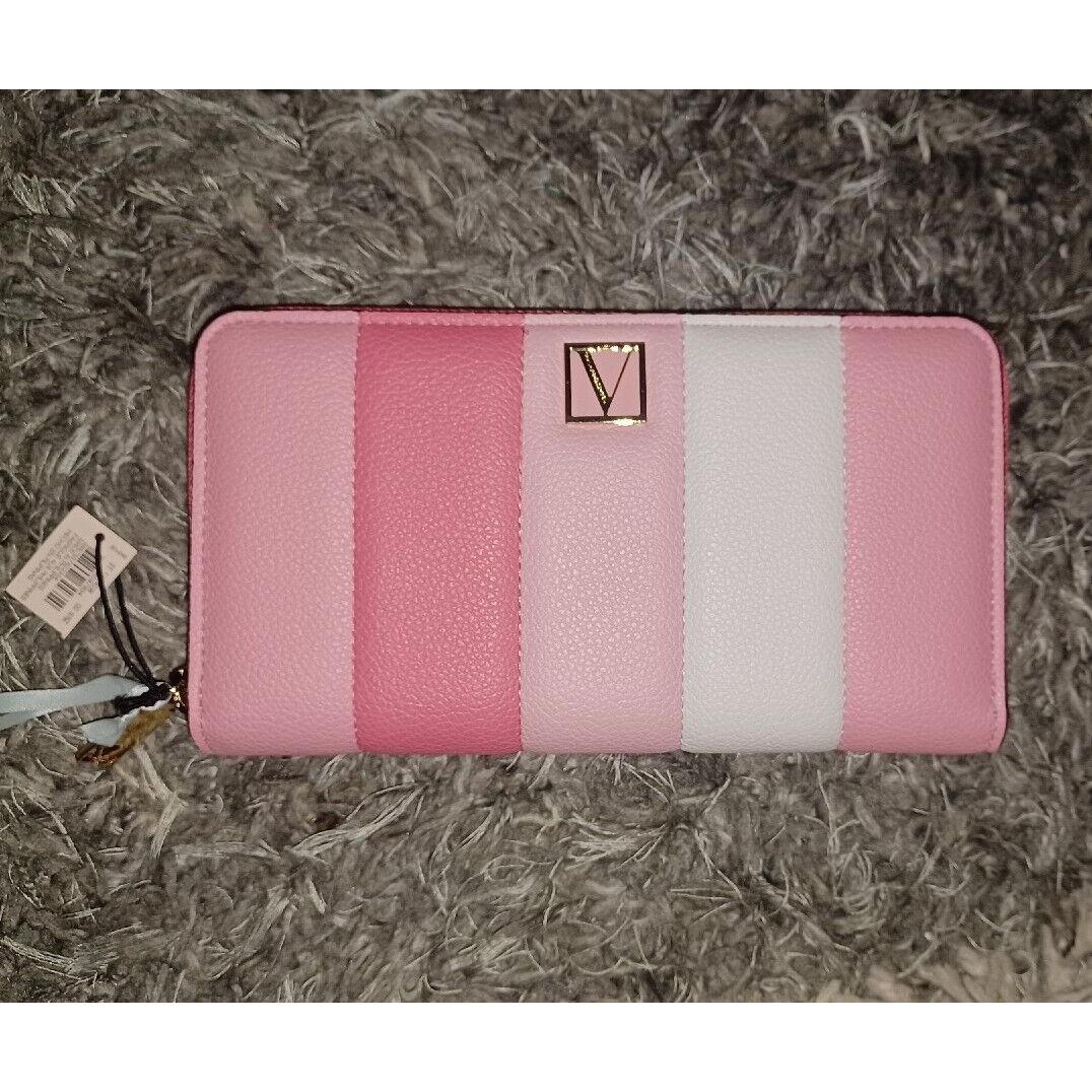 Victoria Secret Zip Around Puffer Wallet Pink Striped Logo