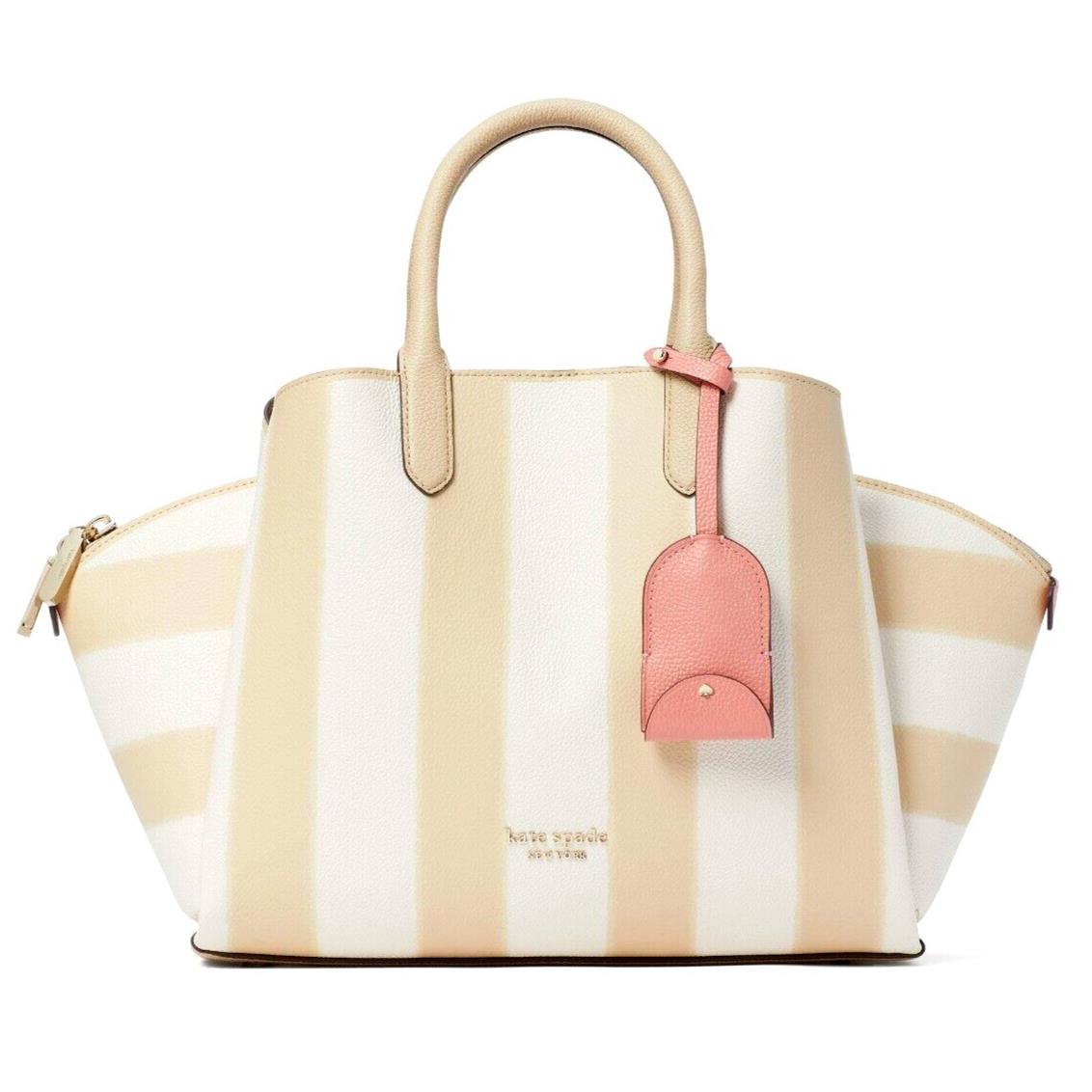 New Kate Spade Avenue Awning Stripe Medium Satchel Warm Stone