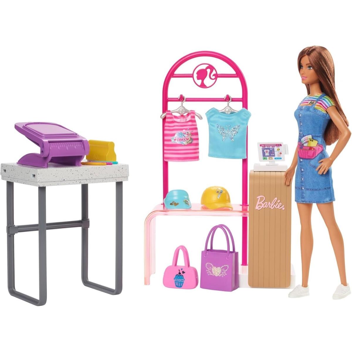 Barbie Make Sell Boutique Playset with Brunette Doll Foil Design Tools Clothes