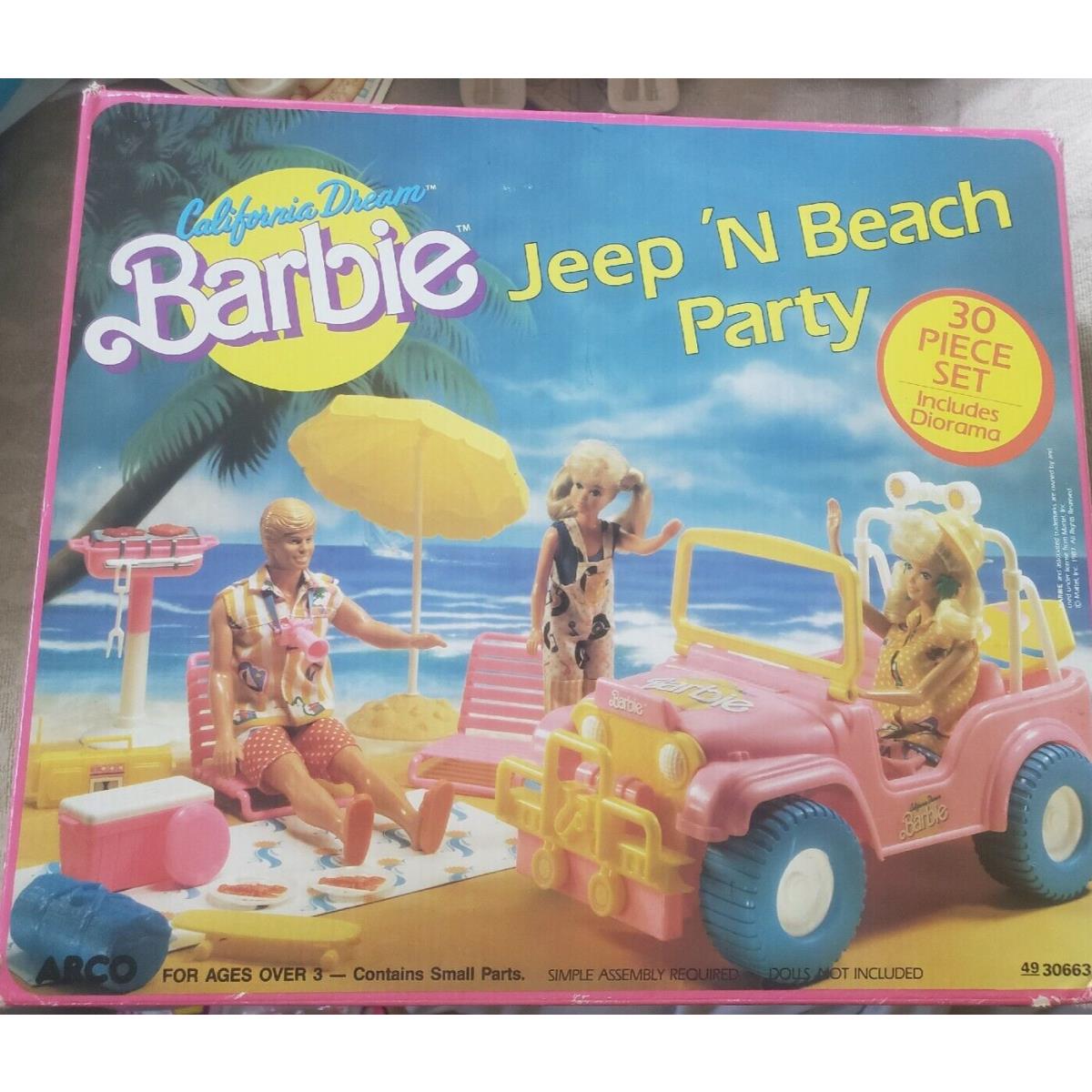 Vtg Barbie California Dream Jeep n Beach Party 1987 Diaroma 30 pc Set Car