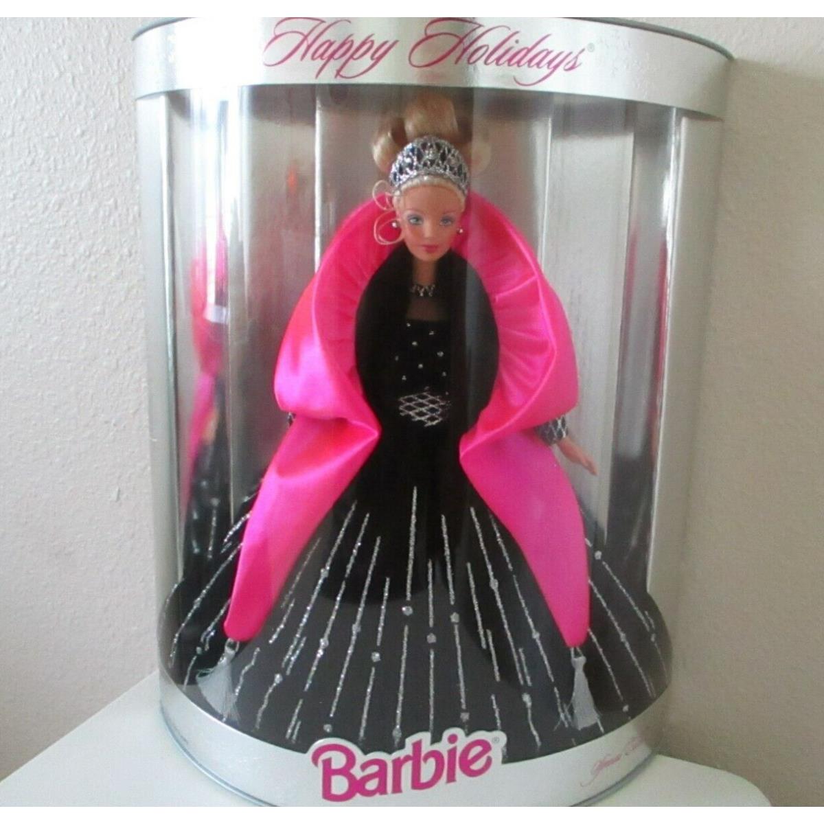 1998 Happy Holidays Barbie Doll Black Silver Dress Pink Wrap Special