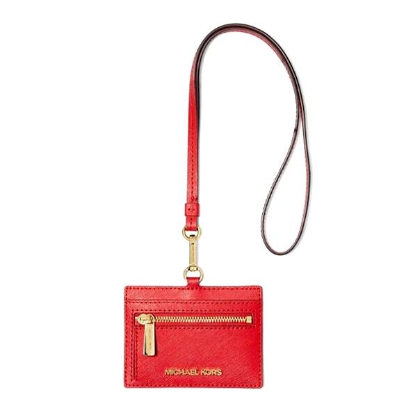 Michael Kors Jet Set Travel Saffiano Leather Card Case Lanyard Bright Red