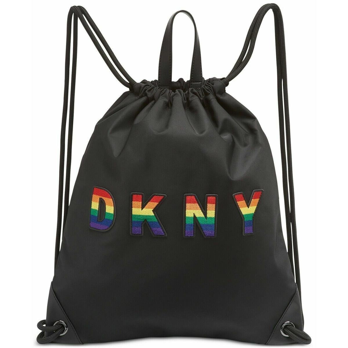 Dkny Pride Embossed Logo Drawstring Backpack Bag Crossbody Black - Handle/Strap: Black, Exterior: Black, Lining: Black