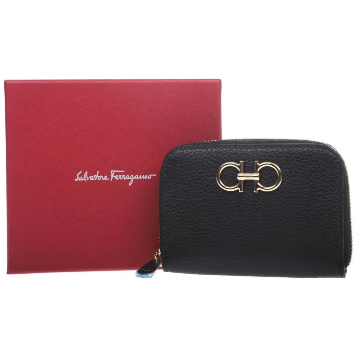 Salvatore Ferragamo Black Leather Zip Around Card Holder Wallet