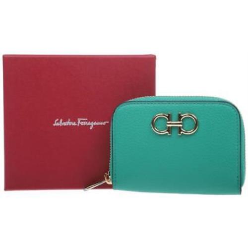 Salvatore Ferragamo Emerald Green Leather Zip Around Card Holder Wallet