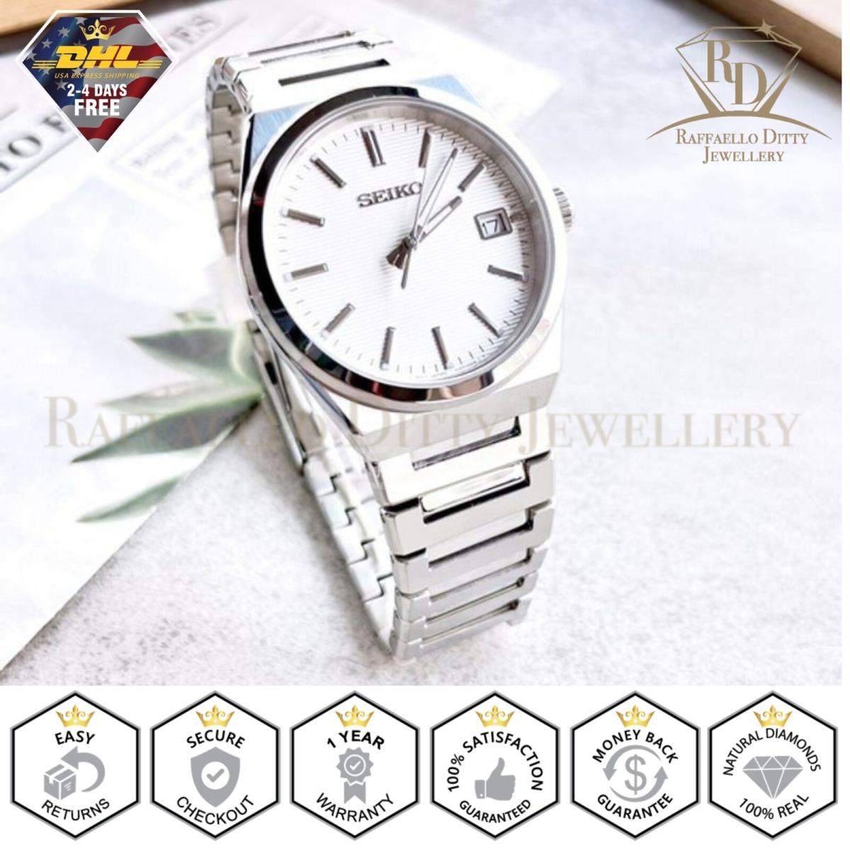 Seiko Men`s Watch Classic White Dial Stainless Steel Sapphire Quartz SUR553