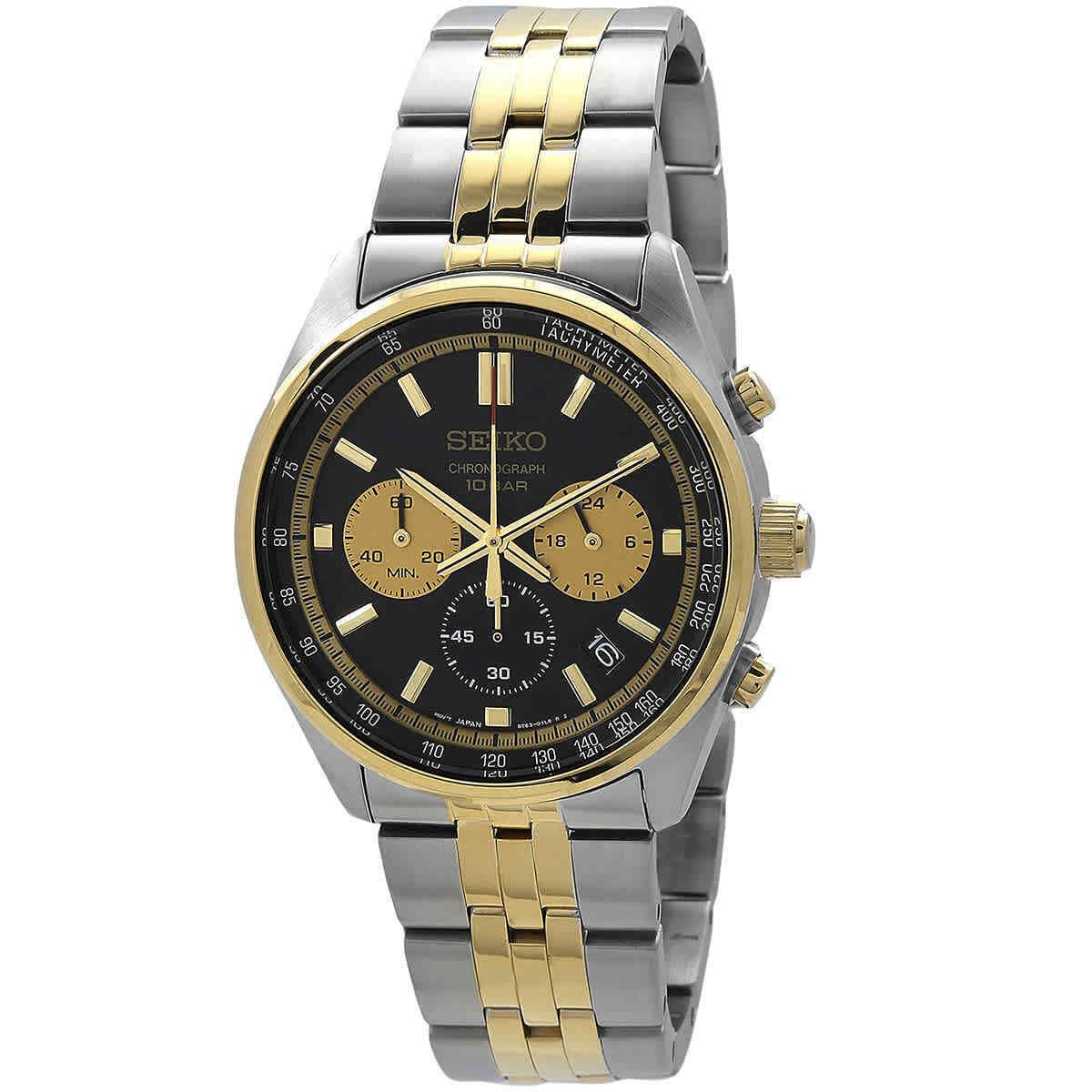 Seiko Chronograph Quartz Black Dial Men`s Watch SSB430P1 - Dial: Black, Band: Silver, Gold, Bezel: Gold