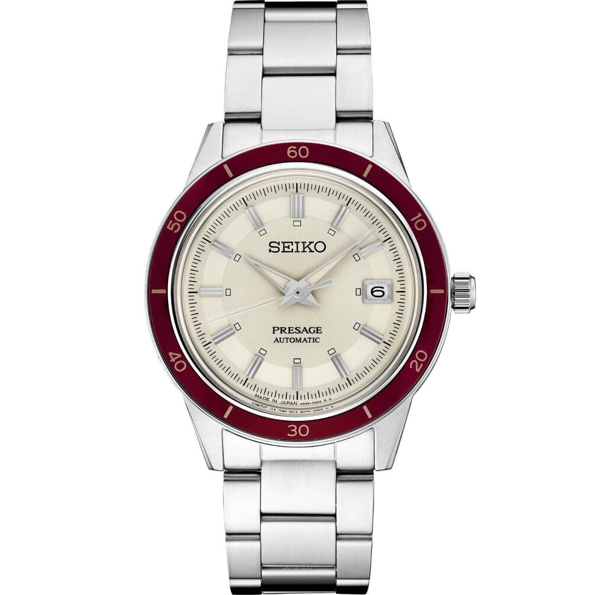 Seiko Automatic 1960`s Style Dress White Dial Red Bezel Men`s Watch SRPH93