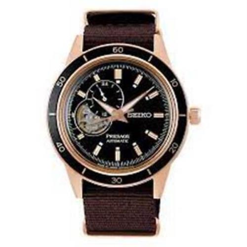 Seiko Presage Style 60`s Open Heart Black Dial Automatic SSA426 Men`s Watch - Black Dial, Brown Band