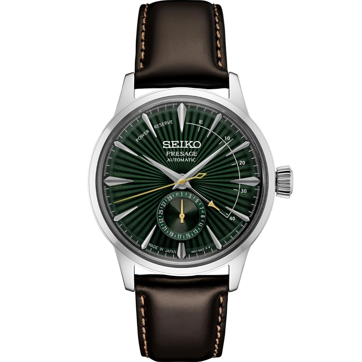 Seiko Men`s Green Dial Dark Leather Band Presage Cocktail Time Automatic Analog - Dial: Green, Band: Brown, Bezel: Silver