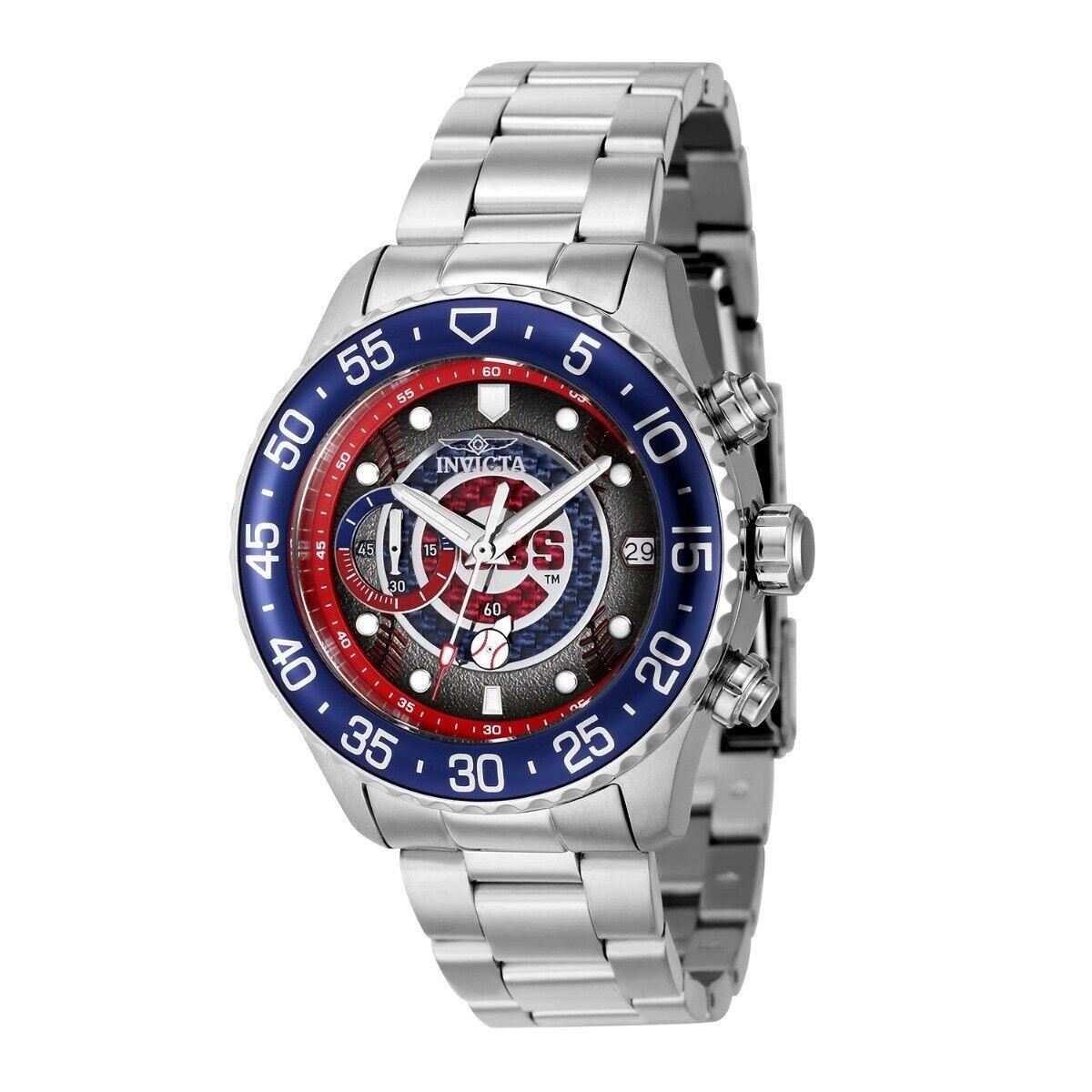 Invicta Mlb Chicago Cubs 40mm Chrono SS Bracelet Quartz Watch 42720 - Red and Silver and White and Blue Dial, Silver-tone Band