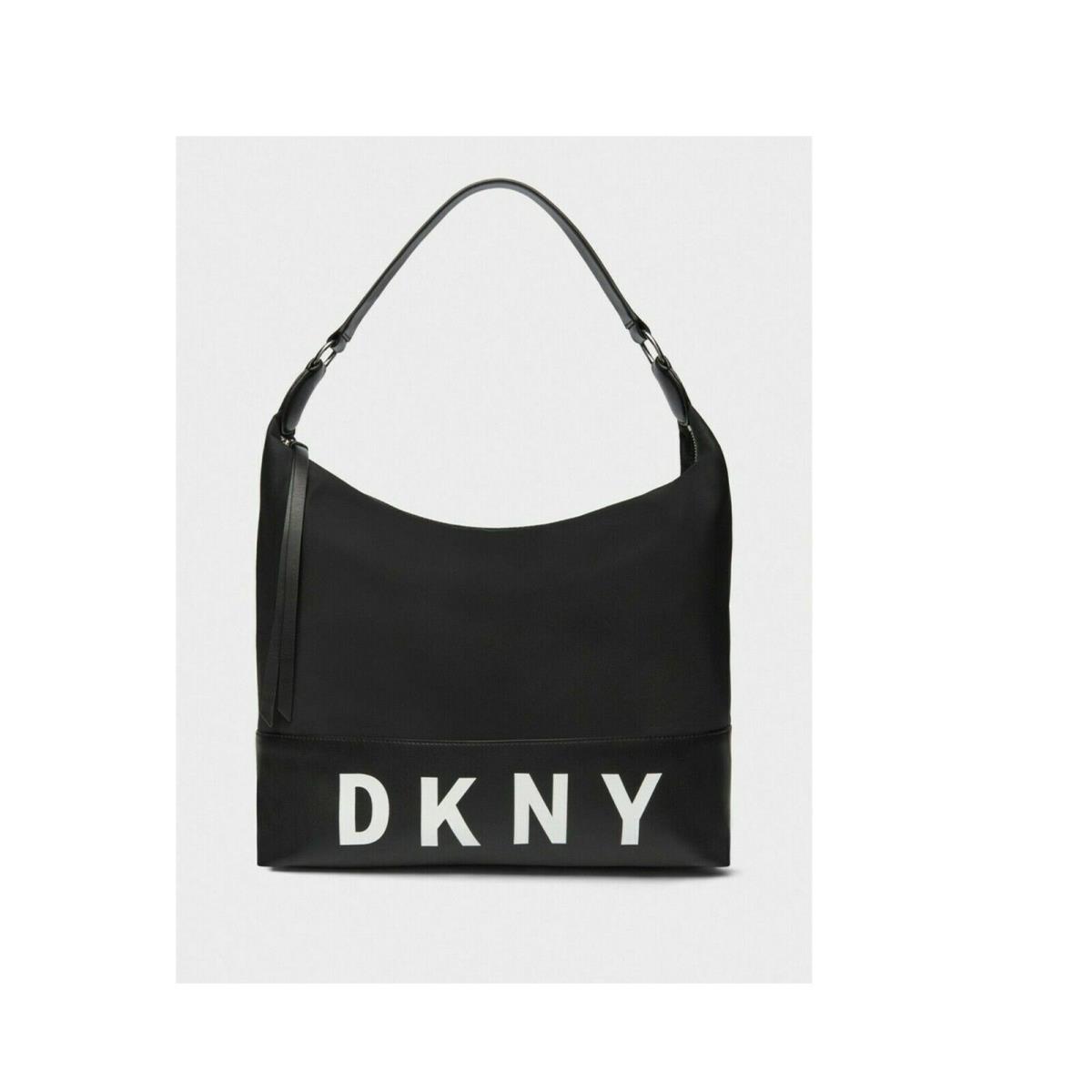 Dkny Women Black White Print Tanner Black Hobo with Zip Closure Tote Bag - Black Exterior