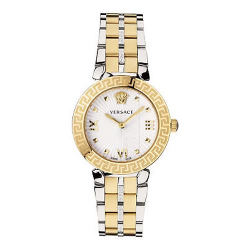 Versace Womens Greca Icon Two Tone 36mm Bracelet Fashion Watch - White Dial, Silver Band, White Bezel