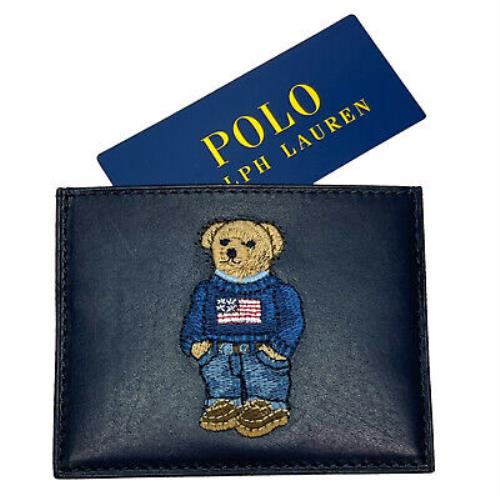 Polo Bear Ralph Lauren Embroidered Leather Wallet Slim Card Case Navy Blue