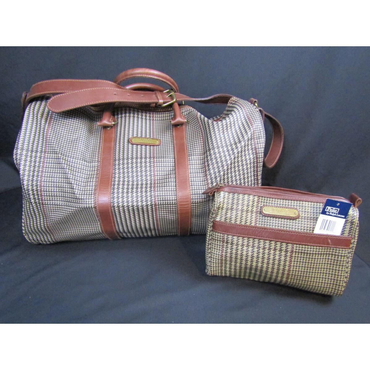 Polo Ralph Lauren Set Travel Duffle Bag Houndstooth Brown Leather/canvas