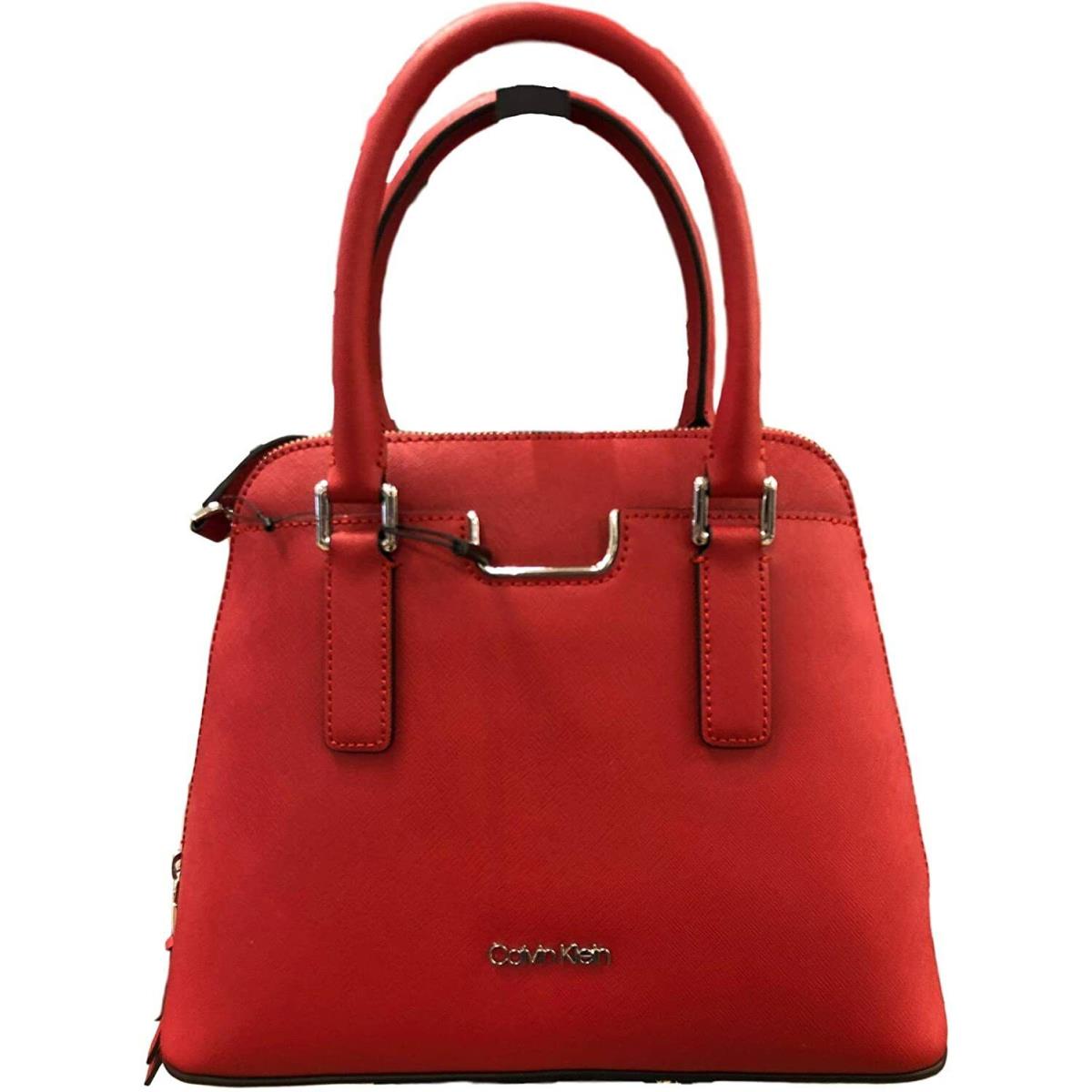 Calvin Klein Women`s Saffiano Leather Satchel Metal Trim Pocket Red