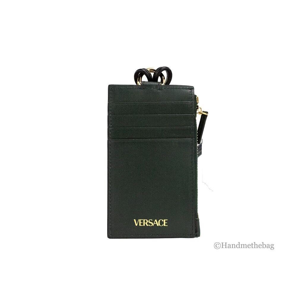 Versace Bottle Green Smooth Leather Zip Card Case Necklace Lanyard Wallet