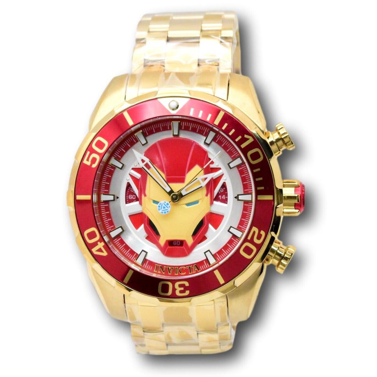 Invicta Marvel Marvel Tony Stark Ironman Men`s 50mm Limited Chrono Watch 43056 - Dial: Gold, Red, Silver, White, Yellow, Band: Gold, Yellow, Bezel: Gold, Red, Yellow