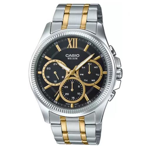 Casio Enticer Analog Black Dial Silver Gold Tone Men`s Watch MTP-E315SG-1AVDF - Dial: Black, Band: Gold