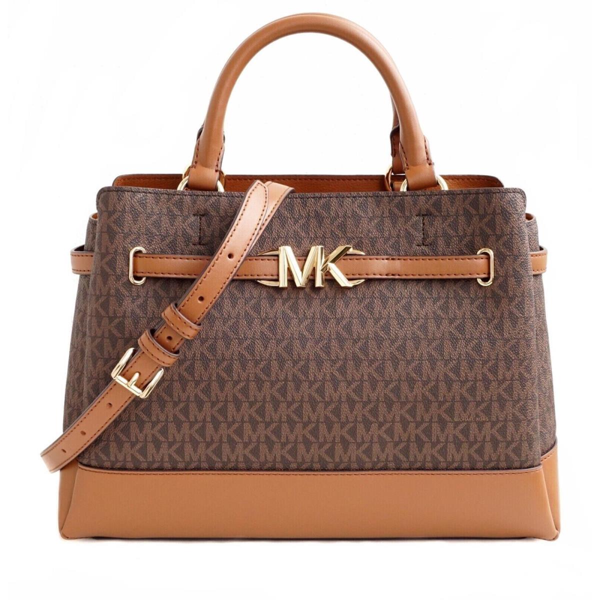 Michael Kors Reed Large Belted Satchel Bag Purse Brown MK Signature - Handle/Strap: Light Cream, Hardware: Gold Toned Hardware, Exterior: brown