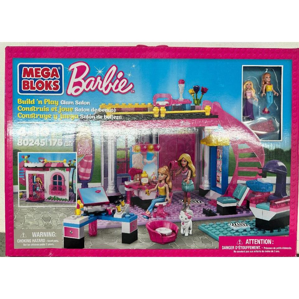Barbie Mega Bloks Glam Salon Build `n Play 2 Dolls Clothes 176pcs 80245