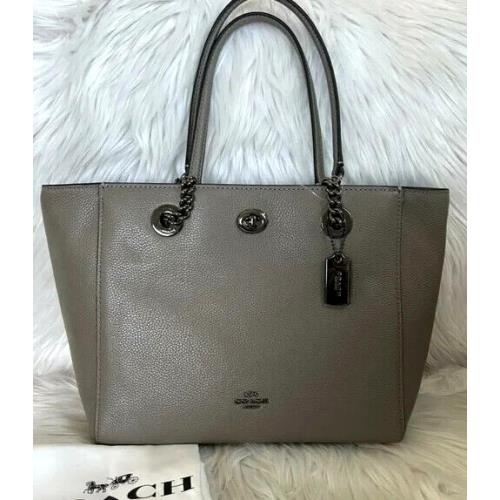 Coach NY 57107 Turnlock Chain Dark Ash Grey Leather Shoulder Tote Bag