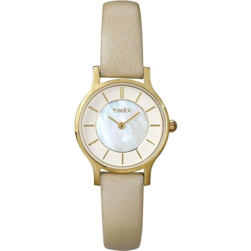 Timex T2P313 Women`s Mother-of-pearl Classic Beige Leather Strap Watch - Beige Dial, Beige Band, Gold Bezel