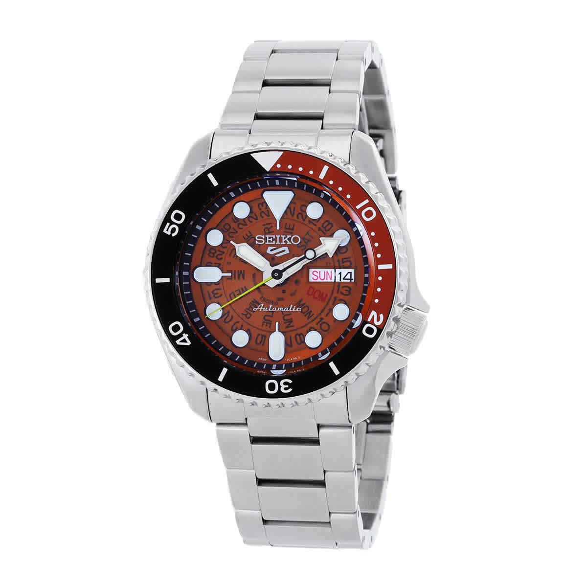 Seiko 5 Sports Automatic Brown Dial Men`s Watch SRPJ47K1 - Dial: Brown, Band: Silver, Bezel: Brown, Black