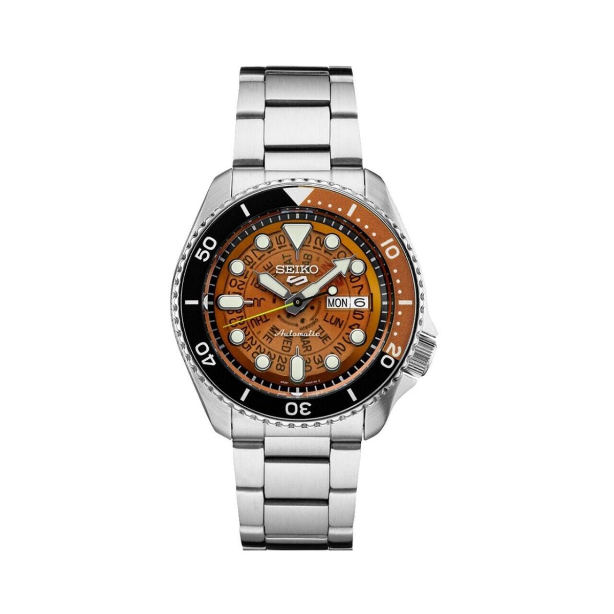 Seiko 5 Sports SRPJ47 Men`s 42.5mm Automatic Watch - Orange/stainless - Dial: Brown, Band: Silver, Bezel: Brown, Black