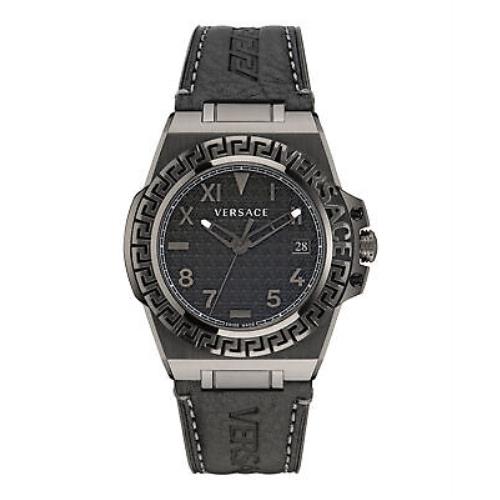Versace Mens Greca Reaction IP Gunmetal 44mm Strap Fashion Watch - Dial: Black, Band: Black, Bezel: Black