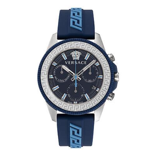 Versace Mens Greca Action Chrono Stainless Steel 45mm Strap Fashion Watch - Dial: Blue, Band: Blue, Bezel: Blue