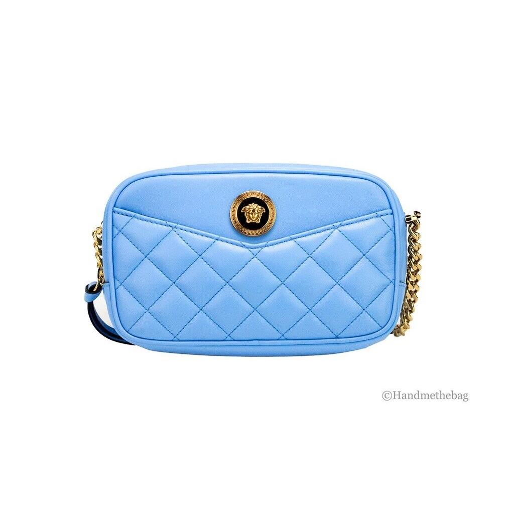 Versace Small Smooth DV Blue Lamb Leather Quilted Camera Crossbody Bag Purse